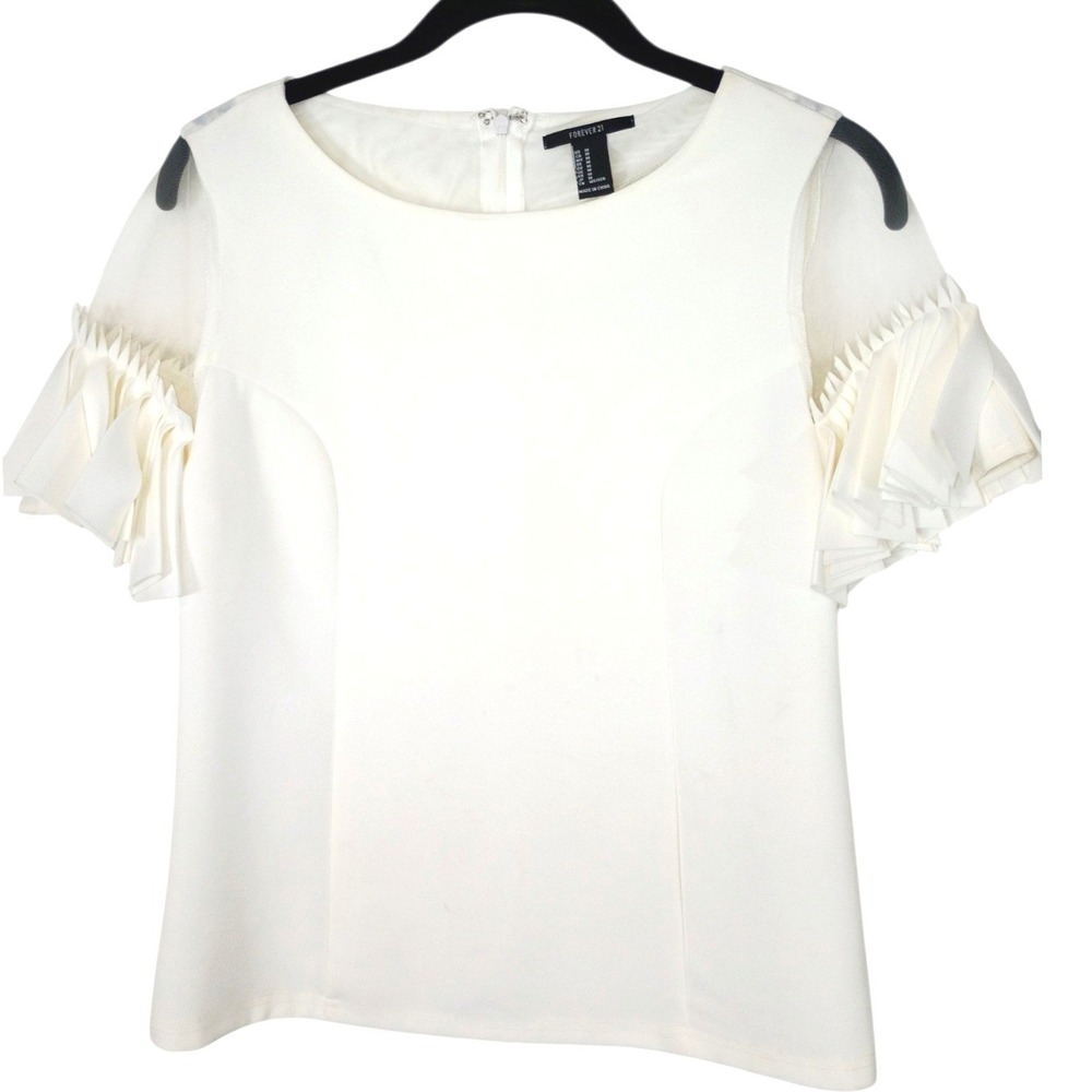 Vintage Forever 21 White Pleated Ruffle Sleeve Blouse Mesh Shoulder Top Medium